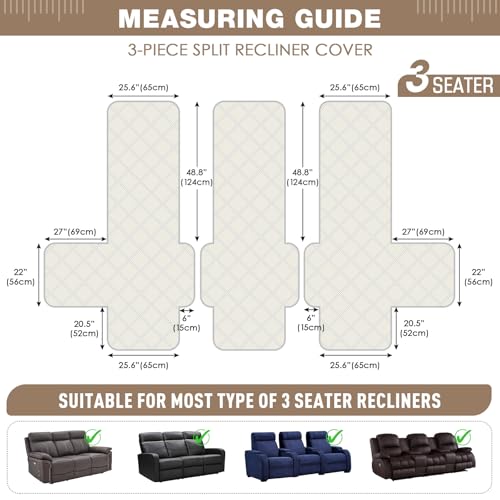 Image of TAOCOCO 100% Waterproof Recliner Sofa Covers 3 Seater Split Couch Covers for 3 Cushion Reclining Couch with Straps, Non Slip Reclining Couch Covers Furniture Protector for Kids Pets(3 Seater, Cream)