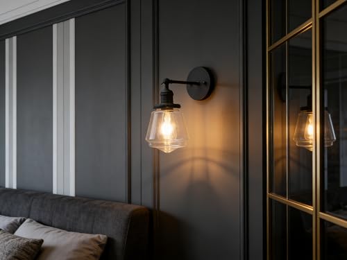Image of Phansthy Wall Sconces Light Fixture Industrial Wall Lamp, 180 Degree Adjustable Bathroom Vanity Light, Wall Light with Glass Shade Wall Decorative Lighting for Kitchen Living Room Hallway (Black)
