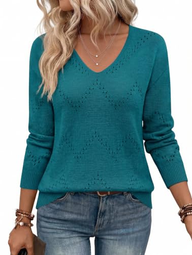 Image of Zeagoo Womens Sweaters Fall Trendy Casual Long Sleeve Shirt Lightweight V Neck Off Shoulder Crochet Pullover Top Outfit