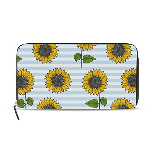 Portefeuille long en cuir femme bleu rayé à motif tournesols