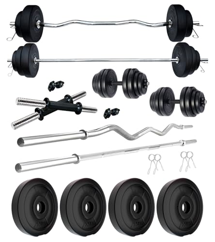 Image of Kore PVC 10 Kg Home Gym Set with One 3 Ft Plain + One 3 Ft Curl Rod and One Pair Dumbbell Rods, Multicolour