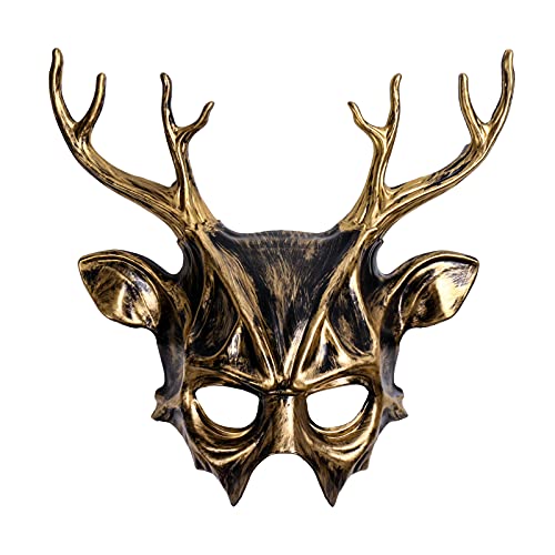 ILOVEMASKS Black Gold Horror Devil Deer Antler Horns Mask Full Face Halloween Costume, Scary Evil Wendigo Beast Monster Ghost Pagan Ritual Costume Horns Masquerade Headwear Cosplay for Party Festival Ball Prom Animal Horns Mask