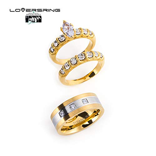 LOVERSRING 3pc Couple Ring Bridal Sets Women 14k Yellow Gold Plated Cz Man Titanium Band Wedding Ring Sets for Him and Her3