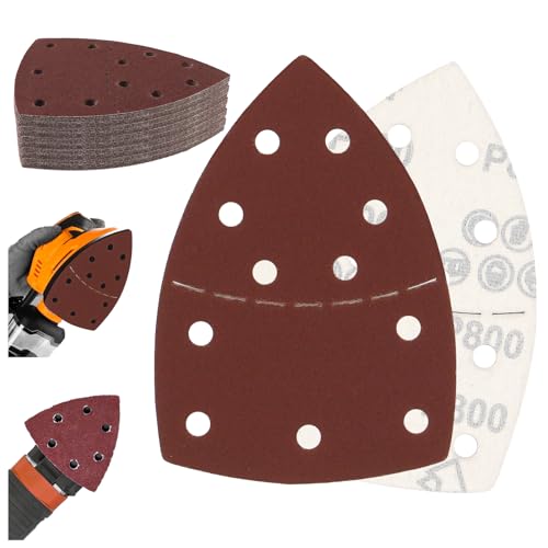 Juego de 50 lijadoras delta de 108 x 151 mm, 11 agujeros, papel de lija triangular, hojas de lija triangulares para Bosch, almohadillas de lijado para madera y metal
