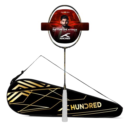 Image of Hundred Nitrix Attack | Ultra-Light Carbon Fibre Badminton Racket | Head-Heavy Power | Max Tension 32lbs | Flexible Shaft for Fast Swings | Intermediate /Advanced Level | Includes Full Cover