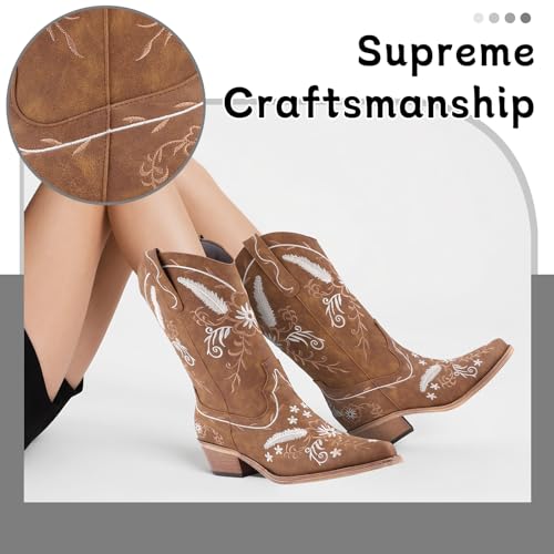LingxiaUne Women’s Western Cowboy Boots – Elegant White Floral Embroidery Mid Heel Boots for Stylish Versatility3