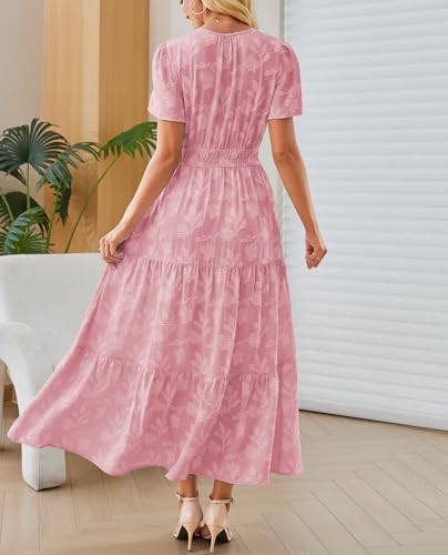 Image of Women's Maxi Dresses Boho Burnout V Neck Short Puff Sleeve Smocked Empire Waist Long Wedding Guest Semi Formal Dress Pockets