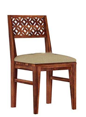Image of Sheesham Wood 4 Seater Dining Table with 4 Cushion Chairs for Living Room Home Office Dining Room Wooden Furniture CNC Design Dinner Table Set (Honey Finish) | 1 Year Warranty