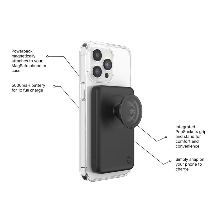 PopSockets PowerPack for MagSafe Magnetic Power Bank, Portable Phone Charger, Magnetic Wireless Battery Pack, 5000mAh for iPhone 16/15/14/13/12 Pro/Pro Max/Plus - Black