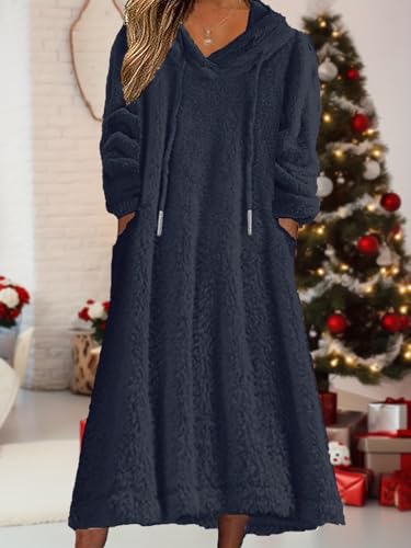 Fleece Hooded Dress Women Plush Fuzzy Sherpa Sweatshirt Robe Fluffy Granular Oversized Nightgown Pullover Lounger2