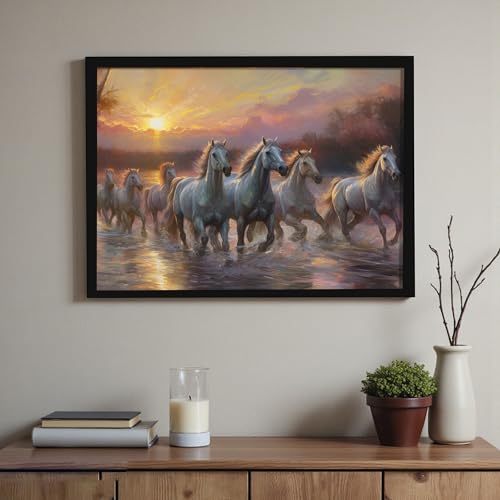 Image of 7 Running Horses Vastu Framed Wall Art Painting for Living Room |Seven Running Horses Painting With Frame Symbol of Success & Positive Energy Wall Art For Home and Office 17x23 Inch