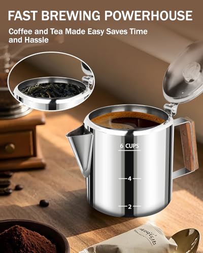 Image of Coffee Maker Coffee Percolator 304 Stainless Steel Pot Stovetop Easy Brewing Even Heating 6 Cup 33.8oz 1000ml Silver Classic Design Heat Resistant Home Camping Outdoor
