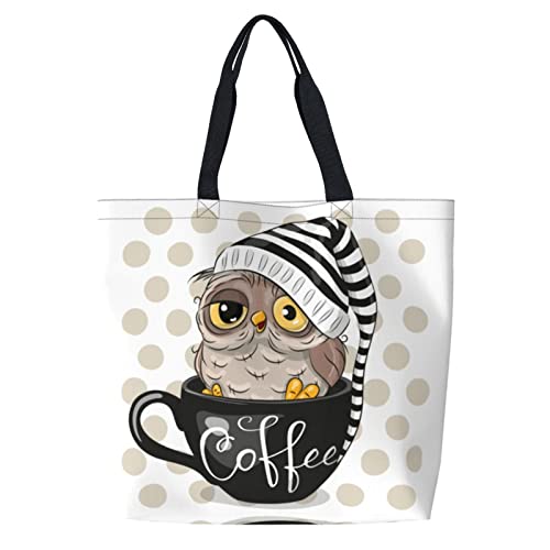 Cartoon Owl Cup Coffee Reusable Grocery Bags - Tote Bag for Women Casual Shoulder Bag Foldable Large Shopping Bag