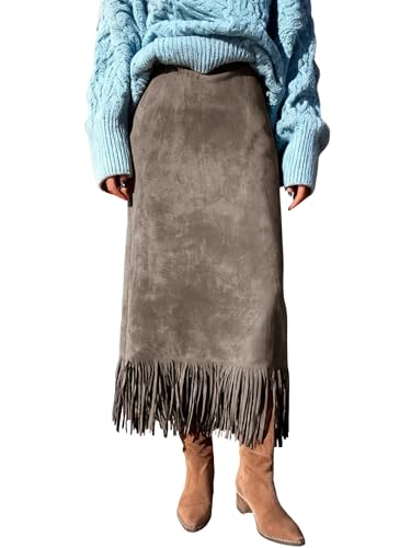 chouyatou Women's Fringe Trim Faux Suede Skirt High...
