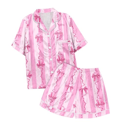 Image of Valentines Pajamas For Women Short Sleeve 2 Piece Set Valentine Day Outfit Bow Heart Print Button Soft Sleepwear