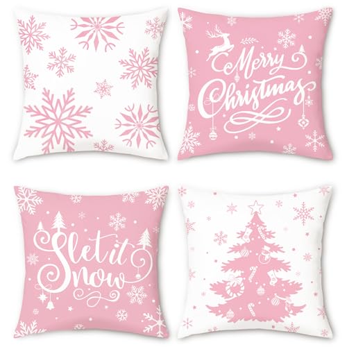 Bonhause 4er Set Kissenbezüge Weihnachten Rosa Weihnachtsbaum...