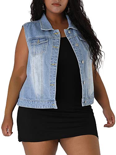 uxcell Denim Vest Top for Women Plus Size Sleeveless Button Down Waistcoat with Two Chest Flap Pockets Jean Jacket Vest 3X Sky Blue