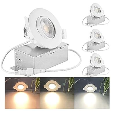 3 Inch Gimbal LED Recessed Light, 8W Dimmable Canless Adjustable Downlight, 3000K/4000K/5000K Selectable Ceiling Spotlight with Junction Box, IC Rated ETL, 38° Beam Angle, 65W Equivalent (Pack of 4)