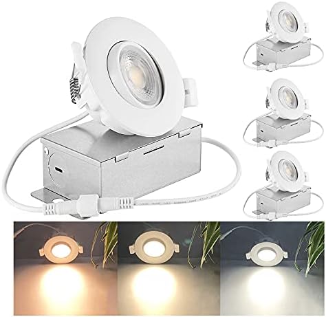 Drart 3 Inch Recessed LED Lights Canless Gimbal Light 3000K/4000K/5000K Selectable Dimmable Ceiling Spotlight Downlight Lighting with Junction Box,65W Equivalent IC Rated ES ETL(Pack of 4)