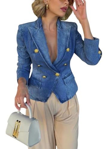 chouyatou Women's Fall Casual Notch Lapel Denim Blazer Suit Button Down Business Office Slim Fit Jean Jacket