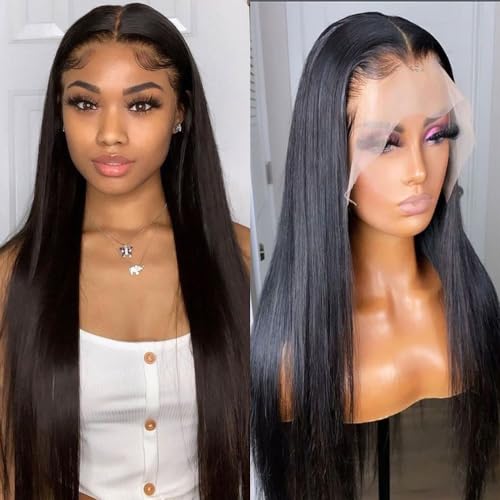 BELE 32 inch 13x4 Transparent Lace Front Wigs Human Hair 180% Density Brazilian Straight HD Lace Front Glueless Wigs Virgin Huamn Hair for Black Women Natural Color Pre Plucked with Baby Hair