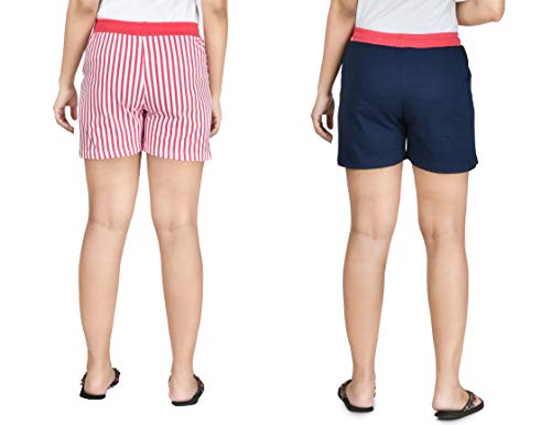 Image of Club A9 Women's Cotton Printed Shorts | Short Pants | Hot Pants (Pack of 2) (M, Pink Stripe, Navy Blue)