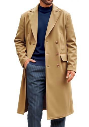 Image of Runcati Mens Trench Coat Notch Lapel Slim Fit Double Breasted Casual Long Business Pea Coat Overcoat