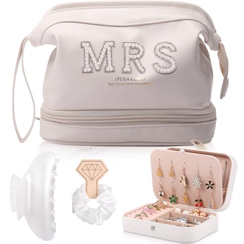 Bride Wedding Makeup Bag Large Double Layers Cosmetic Bag Travel Jewelry Box Claw Hair Clip Bridal Hair Tie for Women Bridal Shower Gift Engagement Present (White,Mrs)