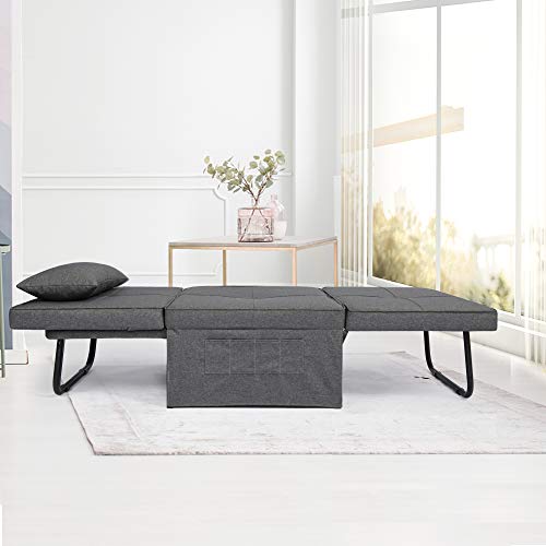 windaze Folding Ottoman Sofa Bed, 4 in 1 Multi-Function Chaise Lounge Morden Linen with 5 Position Adjustable Backrest Convertible Guest Fold Out Bed, Dark Grey