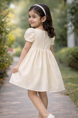 Image of Buy & Try Girls Silk Party Dress, Floral Printed Knee Length Frock with Short Sleeves, Comfortable Fit & Zipper Closure, Elegant Birthday, Wedding, Festival & Special Occasion Wear for Kids