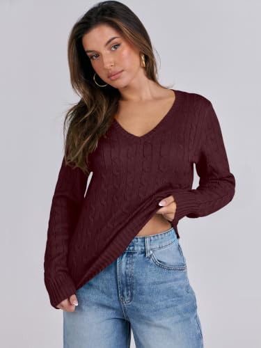 Image of ANRABESS Women's Cable Knit V Neck Fitted Sweaters