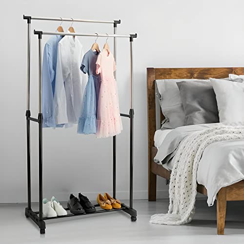 Retoo Kleiderständer, Doppel, Kleiderstange auf Rollen, mit ausziehbarer Garderobenständer, Unter Gestell für Mäntel, Röcke, Hemden, Pullover, Schwarz, Garderobenstange, Freistehender Kleiderbügel
