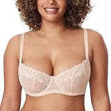 DELIMIRA Women's Balconette Lace Bra Plus Size Sexy See Through Unlined Underwire Bras Beige 42B