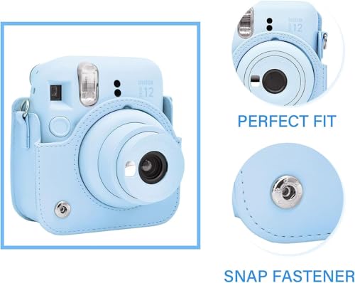 Image of Breatoi PU Leather Camera Case for Mini 12 - Rainproof, Soft, and Stylish in Pastel Blue with Adjustable Shoulder Strap