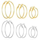 DENNSHH 6 Pairs Stainless Steel 14K Gold/Silver Hoop Earrings for Women Hypoallergenic Lightweight Set with 30mm 40mm 50mm Sizes Thin Design