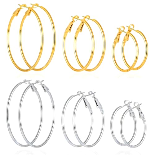 DENNSHH 6 Pairs Stainless Steel 14K Gold/Silver Hoop Earrings for Women Hypoallergenic Lightweight Set with 30mm 40mm 50mm Sizes Thin Design