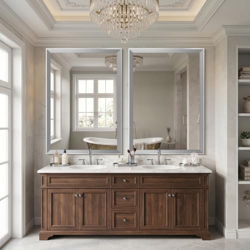 Image of DESBING 30 inchx42 inch Silver Bathroom Mirrors for Over Sink | Tempered Glass, Metal Frame, Rectangle Vanity Wall Mirror for Bathroom, Living Room, Bedroom, Horizontally or Vertically
