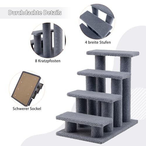 SOARS Katzentreppe, 4-stufige Haustiertreppe, Treppe für Katzen bis 25 kg, Hundetreppe, Kletterbaum Katzenbaum, 61 x 41 x 60 cm (Grau)