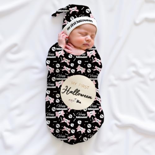 Image of Ylsteed Halloween Baby Swaddle Blanket and Headband Set, Newborn Receiving Blanket Swaddle Wrap for Girls and Boys, Swaddling Blankets Neutral for Newborn 32 * 32 in (Halloween Pink)