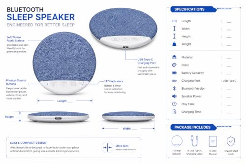 Image of Bluetooth Sleep Pillow Speaker with Soft Fabric Surface, Wireless White Noise Audio Speaker, USB Charging Port and Control Buttons for Bedside, Relaxation and Travel