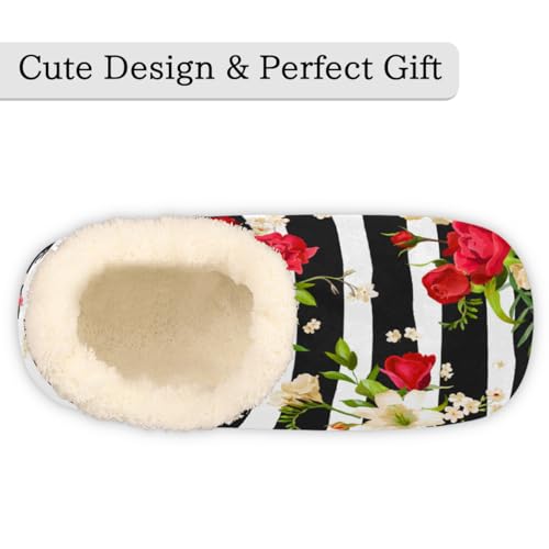 Rose Lily Flower Slippers for Women Slipper Socks Soft Fuzzy House Slippers Shoes for Indoor Bedroom, Winter Cozy Christmas Gifts, Black Stripe3