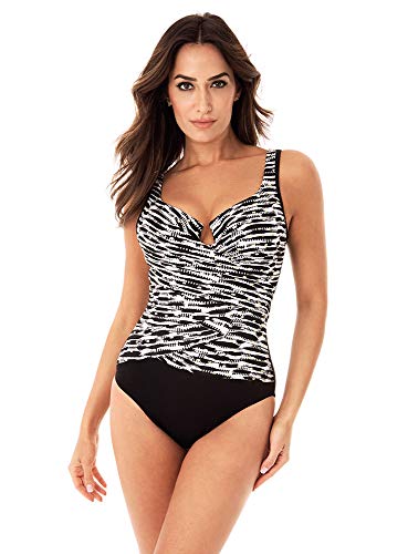 Miraclesuit Women's Swimwear Layered Escape Tummy Control Underwire Bra One Piece Swimsuit, Black/White, 10