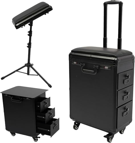Beaccoss Rolling Makeup Case with Tattoo Armrest Stand - 4 Universal Wheels, Combination Lock - for Makeup Artists from Beginners to Professionals