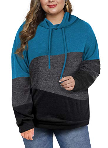 Eytino Women Casual Colorblock Long Sleeve Drawstring Plus Size Hoodies Sweatshirt Tops,5X Blue