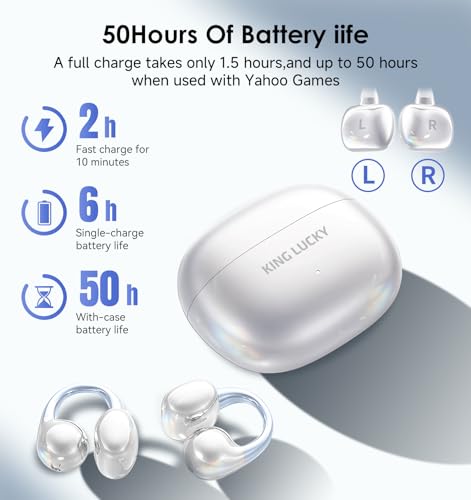 Image of King Lucky Clip on Earbuds Open Ear Wireless Bluetooth 5.4 Headphones with Mic,50H Play,Noise Cancelling,Waterproof,Sports Ear Buds,Comfortable for Small Ears & Glasses Wearers,Workouts (White)