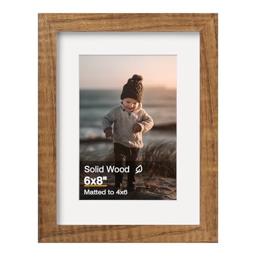 KINLINK 6x8 Picture Frame Teak, Solid Wood Frames with Acrylic Plexiglass for Pictures 4x6 with Mat or 6x8 without Mat, Tabletop and Wall Display Photo Frame, Set of 1