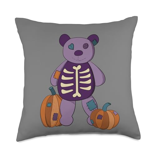 Awkward Design Co. Skeleton Teddy Bear and Pumpkins Cute Halloween Graphic Throw Pillow, 18x18, Multicolor