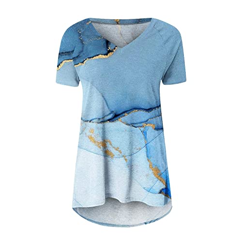 Light Blue Plunging Neckline Tops For Teen Girls Summer Fall Short Sleeve Marble Print Loose Fit Top Tshirt Women Clothing 4A Xxl #TOP3