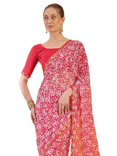 Image of SIRIL Women's Printed Chiffon Saree with Unstitched Blouse Piece