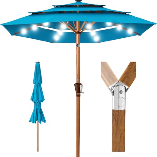 Best Choice Products 10ft 3-Tier Solar Patio Market Umbrella, Outdoor Sun Shade for Backyard, Deck, Poolside, Table w/Woodgrain Pattern, LED Lights, Tilt Adjustment - Sky Blue